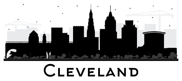 Cleveland Ohio City Skyline Silhouette with Black Buildings Isolated on White.