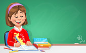 A cute little girl learning in the classroom in front of a blackboard. Vector illustration with space for text.