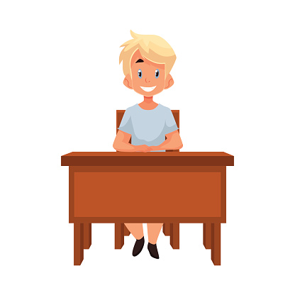Clever School Girl Sitting At The Desk With Open Book Stock Vektor