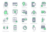 istock Click and collect service line icons. Vector illustration with icon - online shopping, qr code, basket, delivery, package, store outline pictogram for e-commerce. Green Color Editable Stroke 1298565501