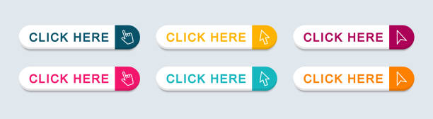 click here web buttons. set of action button click here with arrow pointer. vector illustration. - 按鈕 幅插畫檔、美工圖案、卡通及圖標