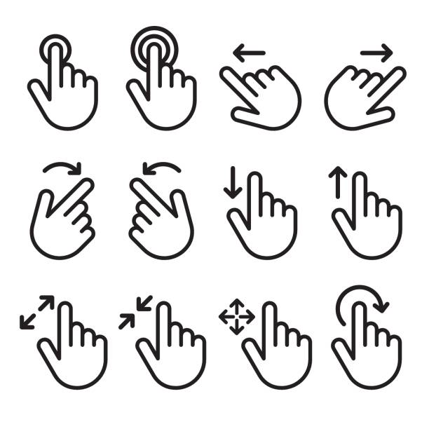 Click Touch gesture vector line icon set. Hand swipe and slide. Touchscreen technology, tap on screen, drag and drop. Smartphone mobile app or user interface design template. gesturing stock illustrations