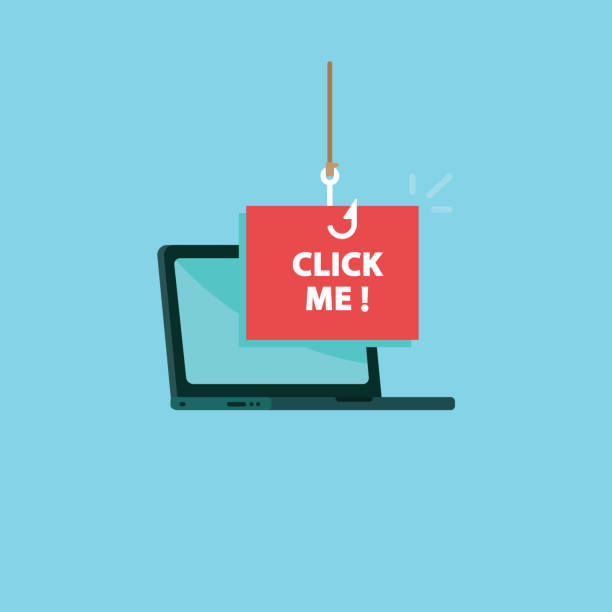 Clickbait. Laptop with fishing hook on click me message vector art illustration
