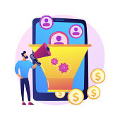 Funnel sales strategy. Profit monetization. Target audience, lead generation. Conversion marketing. Marketologist cartoon character. Online business. Vector isolated concept metaphor illustration