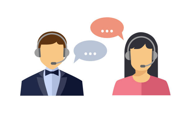 Client services Call center operator with headset web icon. Vector. Male and female call center avatar icons. Client services and communication hands free device stock illustrations