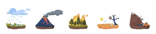 ilustrações, clipart, desenhos animados e ícones de ícones das mudanças climáticas. problemas de ecologia global saúdam chuva, queda de rocha, efeito aquecimento, incêndios florestais e erupção de vulcão - co2 lavoura