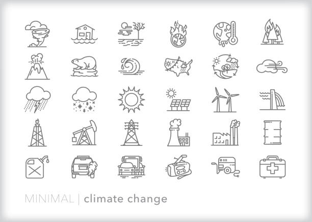 illustrazioni stock, clip art, cartoni animati e icone di tendenza di set di icone della linea dei cambiamenti climatici - siccità