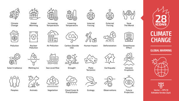 ilustrações de stock, clip art, desenhos animados e ícones de climate change or global warming editable stroke outline icon set with world increasing and lowering temperature, globe nuclear and air co2 pollution, greenhouse effect, melting ice line ecology sign. - co2
