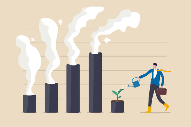 Climate crisis and environment policy, ESG or ecology problem concept, businessman leader watering seedling  plant on bar graph with pollution smoke rising up. Climate crisis and environment policy, ESG or ecology problem concept, businessman leader watering seedling  plant on bar graph with pollution smoke rising up. esg stock illustrations