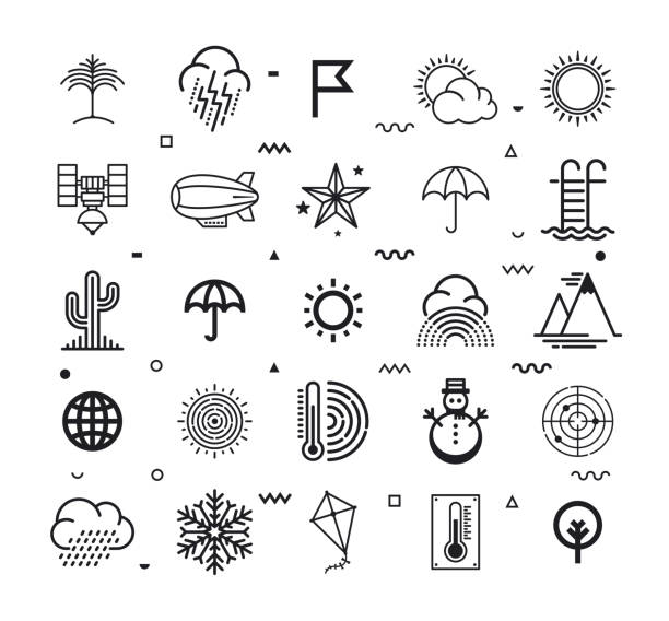 Climate Data & Weather Forecasts Line Style Vector Icon Set Climate data and weather forecasts outline style symbols with   decorations. Line vector icons set for infographics, mobile and web designs. cactus icons stock illustrations