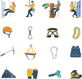 Color flat icons set of climbing equipment ofr industrial alpinism vector illustration