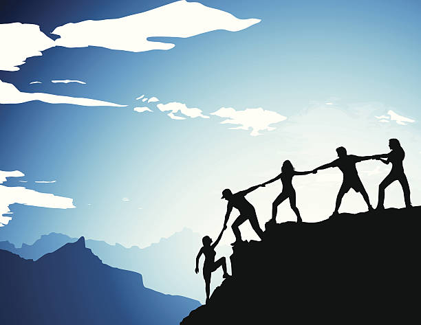 Climber Team A group of climbers helping each other up the mountain. Files included – jpg, ai (version 8 and CS3), svg, and eps (version 8) success silhouettes stock illustrations