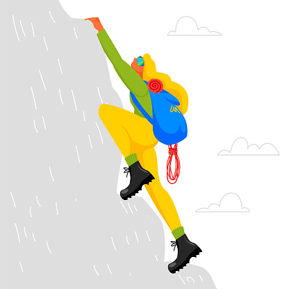 climber. woman climbs the mountain. backpacker vector illustration. conquest of the mountain
