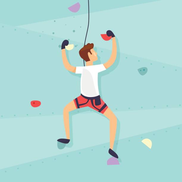 Climbing Wall. Guy is climbing the wall. Flat design vector illustration. Climbing Wall. Guy is climbing the wall. Flat design vector illustration. mountain climber exercise stock illustrations