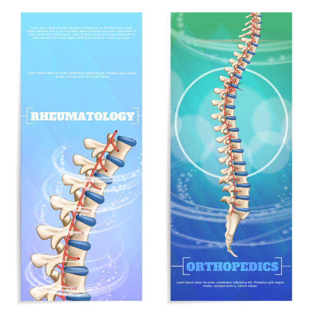 Clinic Rheumatology and Orthopedics Set Banner Clinic Rheumatology and Orthopedics Set Flat Banner on Colorful Background. Diagnosis and Treatment Rheumatic Diseases. Treatment Spinal Deformities and Dysfunctions. Problem Solving Back Pain. pain backgrounds stock illustrations