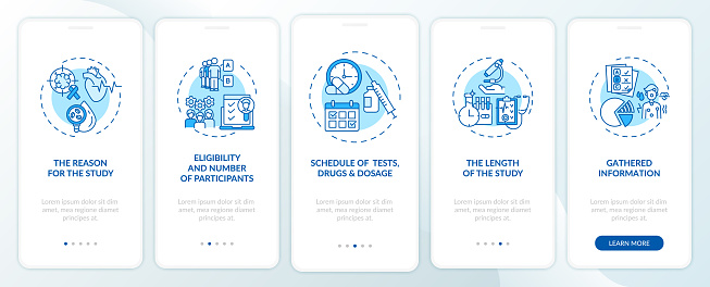 Clinical trial protocol parts onboarding mobile app page screen with concepts. Reason, duration walkthrough 5 steps graphic instructions. UI, UX, GUI vector template with linear color illustrations