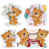 Set of vector clip art illustrations of teddy bear wishes you a happy birthday