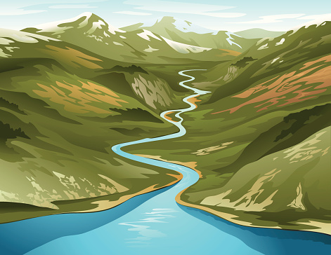 A clip art of a river circling its way around a mountain