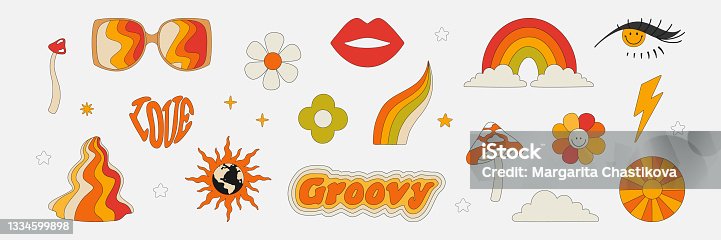 istock Clipart of the 70s. Hippie style. Vector illustrations in simple linear style. Rainbows, flowers, abstractions, mushrooms, psychedelic style. 1334599898