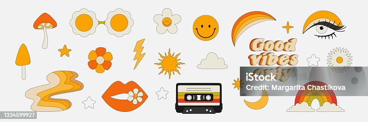 istock Clipart of the 70s. Hippie style. Vector illustrations in simple linear style. Rainbows, flowers, abstractions, mushrooms, psychedelic style. 1334599927