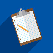 Vector illustration of a clipboard with paper and pencil against a blue background in flat style.