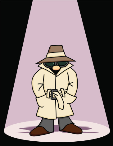 A spy in a trench coat hanging out under a spotlight. vector