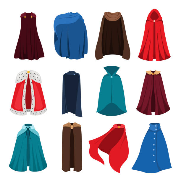 Cloaks party clothing and capes costume set Cloaks party clothing and capes costume set. Outdoor fabric, over garment Vector flat style cartoon illustration isolated on white background cape stock illustrations