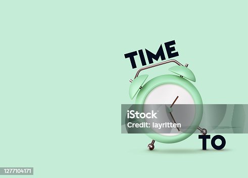 istock Clock 3d Vector. Green Alarm clock realistic of plastic in soft pastel colors. Time to the watch. 1277104171