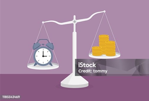 istock Clock and a stack of coin on the scale 1185543469