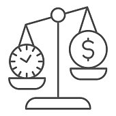 istock Clock and dollar coin on scales thin line icon. Scale balance money and time symbol, outline style pictogram on white background. Business sign for mobile concept and web design. Vector graphics. 1213552671