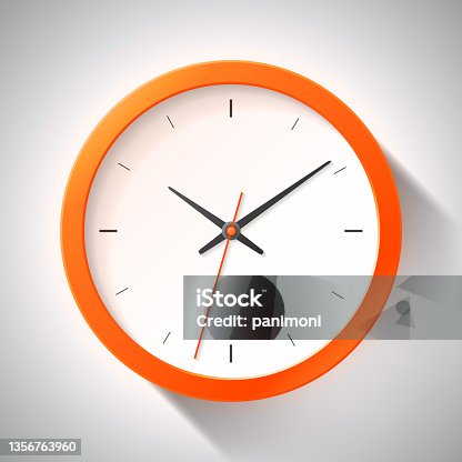 istock Clock icon in realistic style, orange timer on gray background. Business watch. Vector design element for you project 1356763960