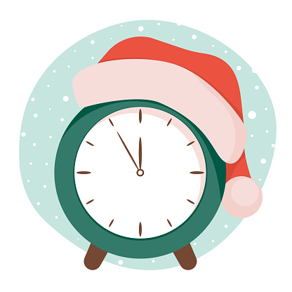 Clock is wearing Santa hat. Happy New Year and Christmas.