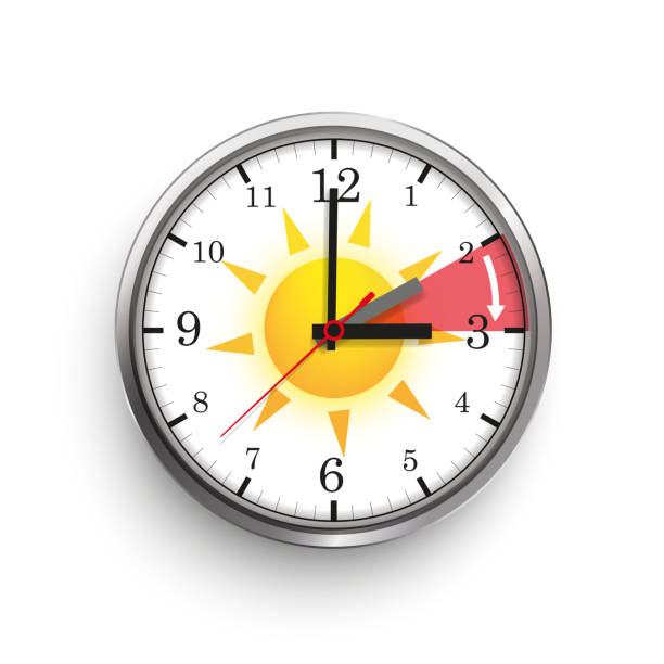 Clock Time Change Summer Time Sun A clock for a time change to a standard time hanging on the beech tree. Eps 10 vector file. daylight saving time stock illustrations