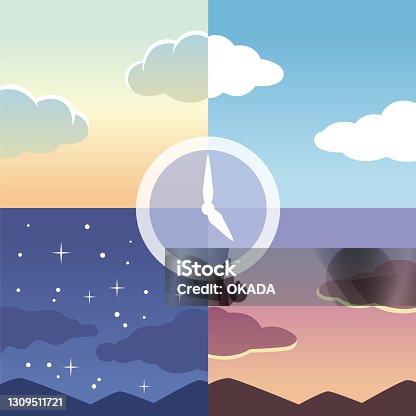 istock Clock with morning, noon, evening and night in the background 1309511721