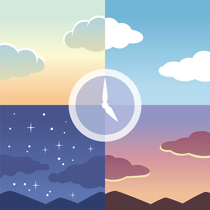 Clock with morning, noon, evening and night in the background