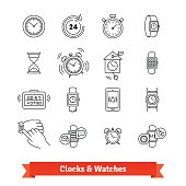 Clocks and Watches. Thin line art icons set. Various type of time measure devices, from hourglass to smartwatch. Linear style symbols isolated on white.