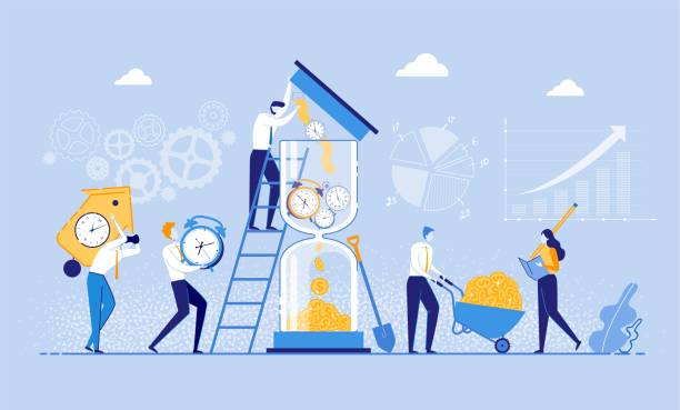 Clocks in Hourglass is Transformed into Income. Time is Money Concept Flat Cartoon Vector Illustration. People Bringing Clocks to Hourglass, Watch is Transformed into Income. Character Collecting Money and Woman Counting. Time Management. time illustrations stock illustrations