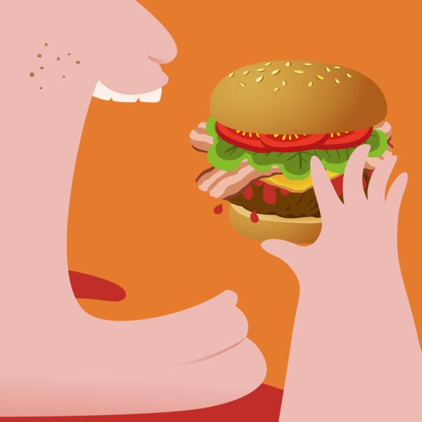 ilustrações de stock, clip art, desenhos animados e ícones de close up of fat man eating hamburger - come e sente