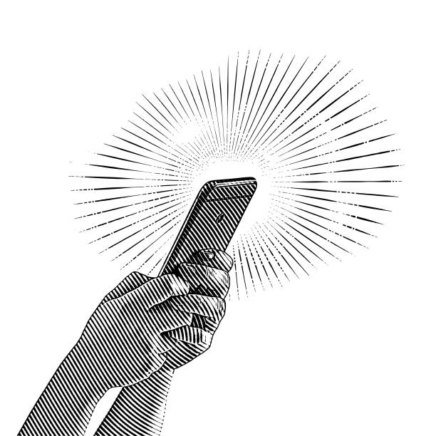 Close up of hands holding smart phone Engraving illustration Close up of hand holding smart phone engraved image stock illustrations