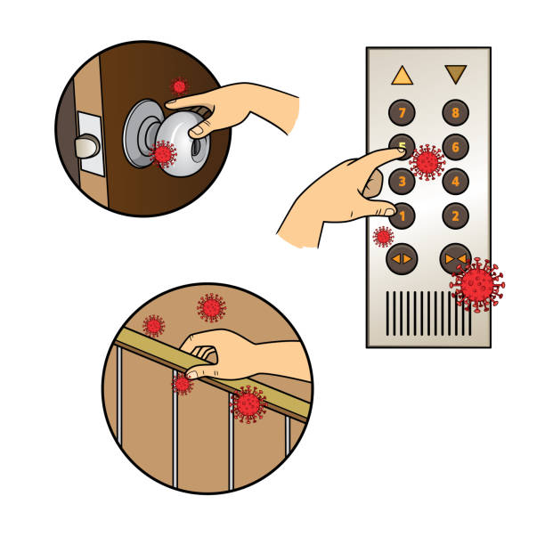 Close up of human hand touching Doorknob, Elevator button, Bannister to use for an unhealthy lifestyle and risk for coronavirus. Close up of human hand touching Doorknob, Elevator button, Bannister to use for an unhealthy lifestyle and risk for coronavirus. bannister stock illustrations