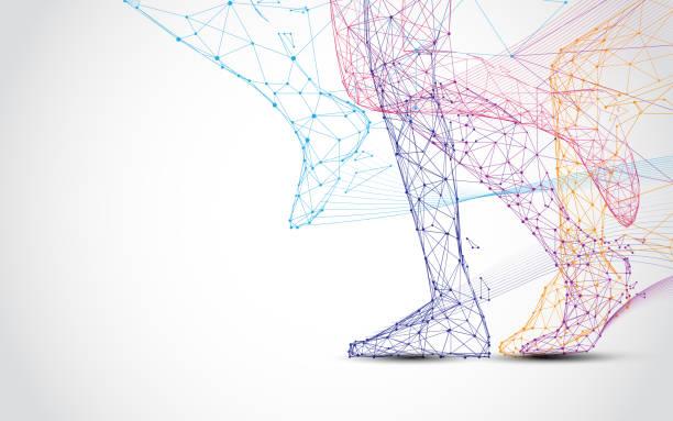 ランナーの足実行フォーム ラインおよびトライアングルのクローズ アップ、青の背景にネットワーク接続をポイントします。イラスト - ジョギング点のイラスト素材／クリップアート素材／マンガ素材／アイコン素材