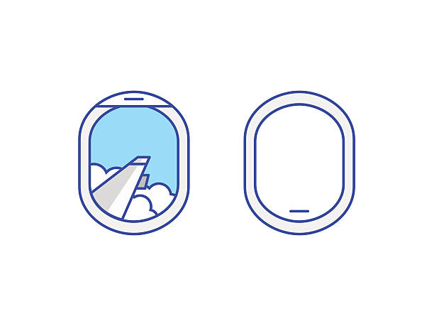 Closed and open airplane window icons set vector art illustration