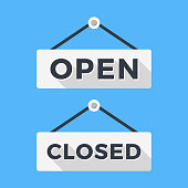 Closed and open signs. Long shadow flat design. Vector signs set isolated on blue background