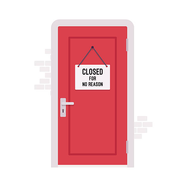 Closed door with a sign Closed door with a sign Closed for No Reason. Cartoon vector flat-style concept illustration door stock illustrations
