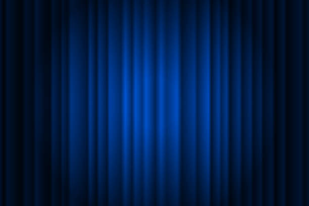 ilustrações de stock, clip art, desenhos animados e ícones de closed silky luxury blue curtain stage background spotlight beam illuminated. theatrical drapes. vector gradient illustration - cortina