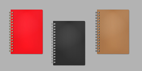 Closed wire bound notebook, realistic vector mock-up. Golden, silver, black metal spiral. Red, black, brown plastic cover. Color mockup set. Easy to recolor