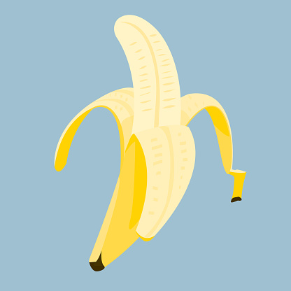 Close-up animated cartoon banana unpeeled halfway open fruit