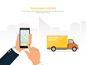 Close-up of a person's hand holds smartphone for tracking delivery. City skyline and truck on the white background. Tracking system. Mobile App. Vector illustration in flat style.