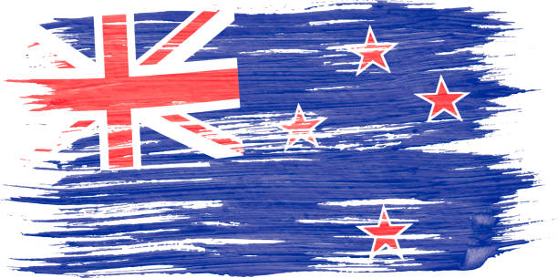 stockillustraties, clipart, cartoons en iconen met close-up van kunst penseel aquarel vlag van nieuw-zeeland geblazen in de wind. - zeeland
