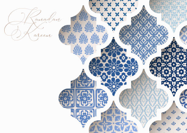 Close-up of blue ornamental arabic tiles, patterns through white mosque window. Greeting card, invitation for Muslim holiday Ramadan Kareem. Vector illustration bacground, web banner, modern design. Close-up of blue ornamental arabic tiles, patterns through white mosque window. Greeting card, invitation for Muslim holiday Ramadan Kareem. Vector illustration bacground, web banner, modern design. moroccan culture stock illustrations